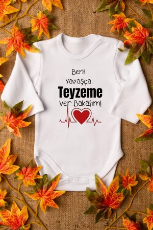 Beni Yavaşça Teyzeme Ver Baskılı Uzun Kollu Çıtçıtlı Bebek Body Badi Zıbın 5610-U