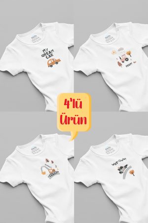 Araba Desenli 4'lü Bebek Body Set Badi Çıtçıtlı Zıbın Dörtlü 5668-5669-5670-5671