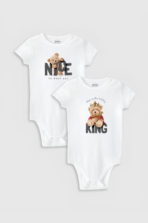 Teddy Bear 2'li Bebek Body Set Beyaz Badi Çıtçıtlı Zıbın İkili 5762-5763