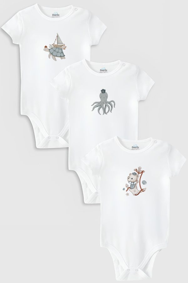 Deniz 3'lü Bebek Body Set Beyaz Bebek Badi Çıtçıtlı Zıbın Üçlü 5774-5775-5776