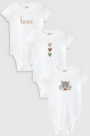 Love 3'lü Bebek Body Set Beyaz Bebek Badi Çıtçıtlı Zıbın Üçlü 5777-5778-5779