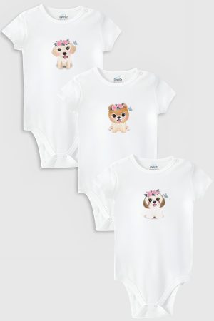 Köpek Baskılı 3'lü Bebek Body Set Beyaz Bebek Badi Çıtçıtlı Zıbın Üçlü 5781-5782-5783