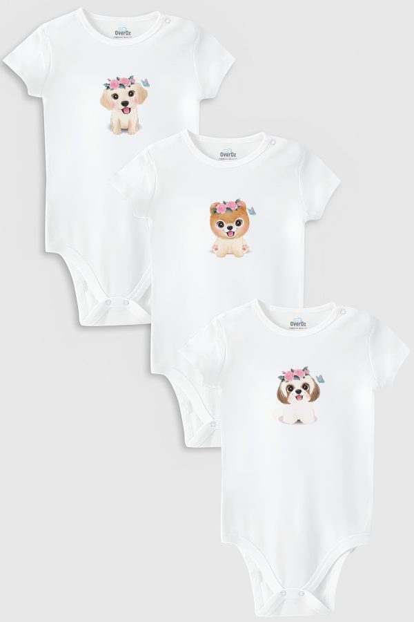 Köpek Baskılı 3'lü Bebek Body Set Beyaz Bebek Badi Çıtçıtlı Zıbın Üçlü 5781-5782-5783