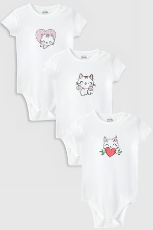 Kedi Cat 3'lü Bebek Body Set Beyaz Bebek Badi Çıtçıtlı Zıbın Üçlü 5784-5785-5786