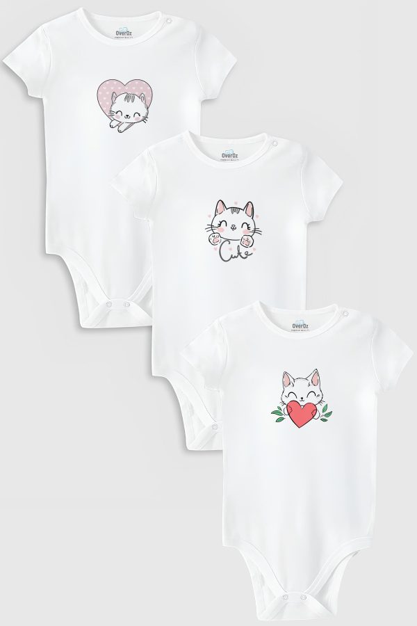 Kedi Cat 3'lü Bebek Body Set Beyaz Bebek Badi Çıtçıtlı Zıbın Üçlü 5784-5785-5786