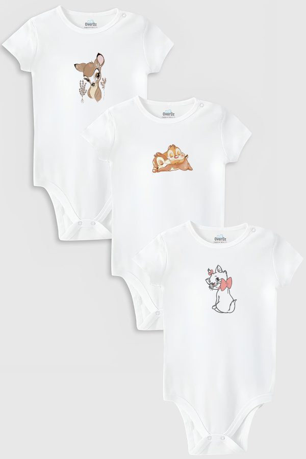 Bambi Baskılı 3'lü Bebek Body Set Beyaz Badi Çıtçıtlı Zıbın Üçlü 5787-5788-5789
