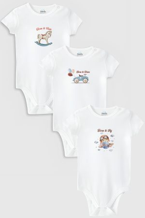 At Araba Uçak 3'lü Bebek Body Set Beyaz Badi Çıtçıtlı Zıbın Üçlü 5790-5791-5792