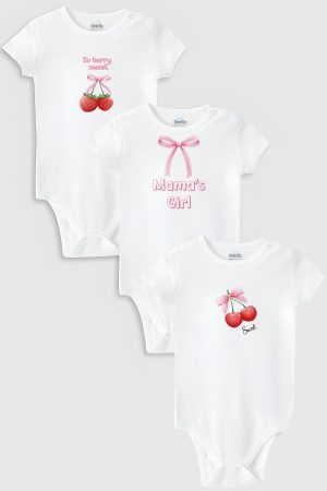 Çilek Kiraz 3'lü Bebek Body Set Beyaz Badi Çıtçıtlı Zıbın Üçlü 5798-5799-5800