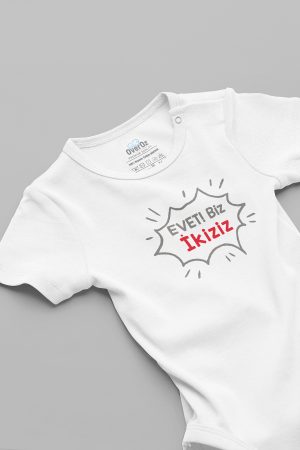 Organik %100 Pamuk Evet! Biz İkiziz Baskılı Bebek Body Beyaz Badi Çıtçıtlı Zıbın 5836