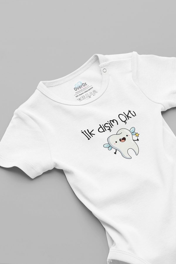 Organik %100 Pamuk İlk Dişim Çıktı Bebek Body Beyaz Badi Çıtçıtlı Zıbın 5852