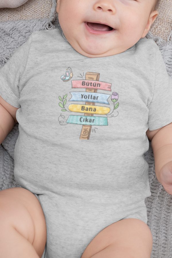 Bütün Yollar Bana Çıkar Baskılı Bebek Body Gri Badi Çıtçıtlı Zıbın 5853-G