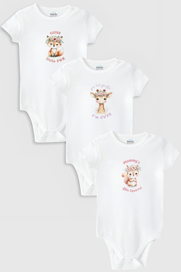 Sevimli Hayvanlar Baskılı 3'lü Bebek Body Set Badi Zıbın Üçlü 5854-5855-5856