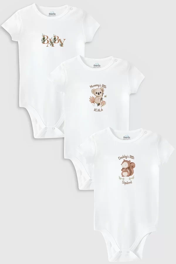Koala Sincap Baskılı 3'lü Bebek Body Set Çıtçıtlı Zıbın Tulum 5875-5876-5877