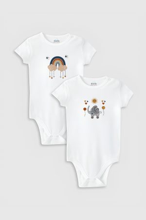 Boho Baby Baskılı 2'li Bebek Body Set Beyaz Badi Çıtçıtlı Zıbın ikili 5342-5343