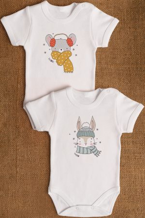 Fare Tavşan Baskılı 2'li Bebek Body Set Beyaz Çıtçıtlı Badi Zıbın ikili 5330-5331