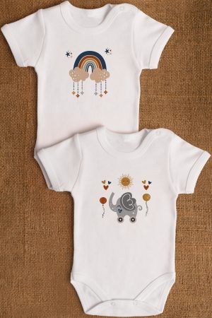 Boho Baby Baskılı 2'li Bebek Body Set Beyaz Badi Çıtçıtlı Zıbın ikili 5342-5343