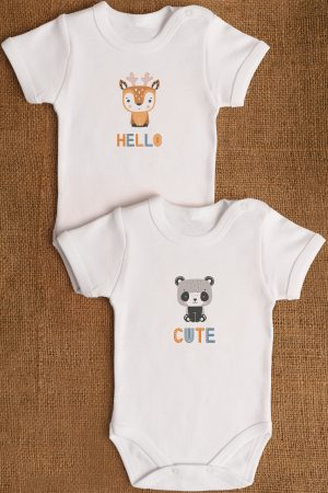 Geyik Panda Baskılı 2'li Bebek Body Set Çıtçıtlı Badi Zıbın ikili 5356-5357