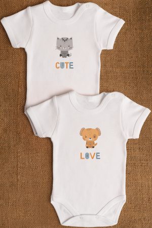 Kedi Köpek Baskılı 2'li Bebek Body Set Çıtçıtlı Badi Zıbın ikili 5360-5361