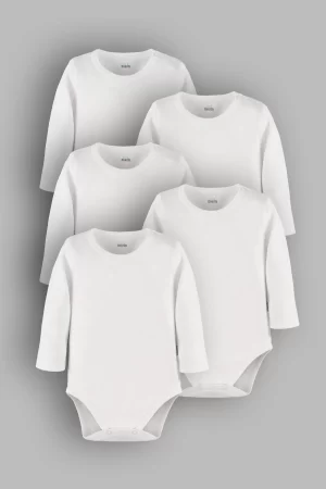 Düz Beyaz Basic Uzun Kollu 5'li Bebek Body Badi Çıtçıtlı Zıbın