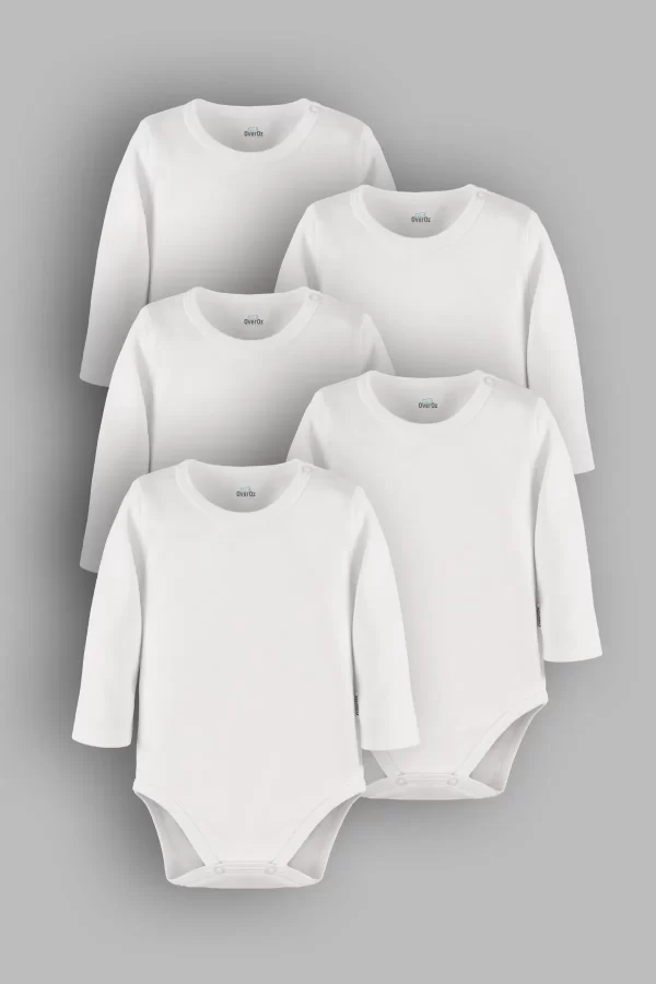 Düz Beyaz Basic Uzun Kollu 5'li Bebek Body Badi Çıtçıtlı Zıbın