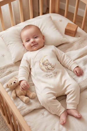 Ay ve Sevimli Ayıcık Baskılı Patiksiz Bebek Tulumu