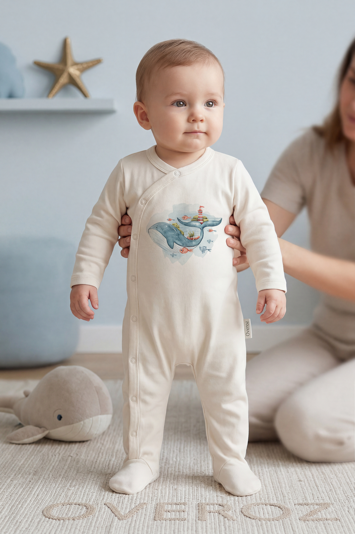 Balina Baskılı Patikli Bebek Tulumu
