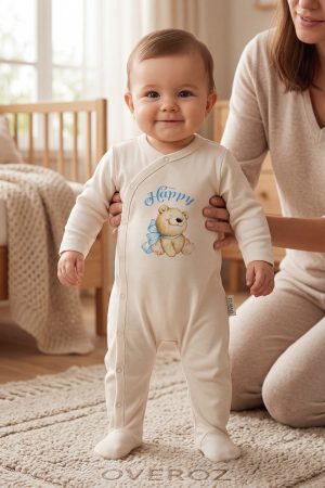 Mutlu Ayı Baskılı Patikli Bebek Tulumu