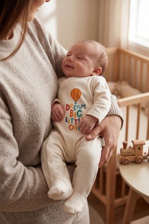 Büyük Hayaller Kur Minik Yazılı Baskılı Patikli Bebek Tulumu