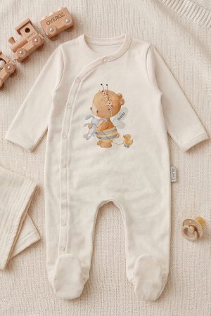 Sevimli Ayıcık Baskılı Patikli Bebek Tulumu