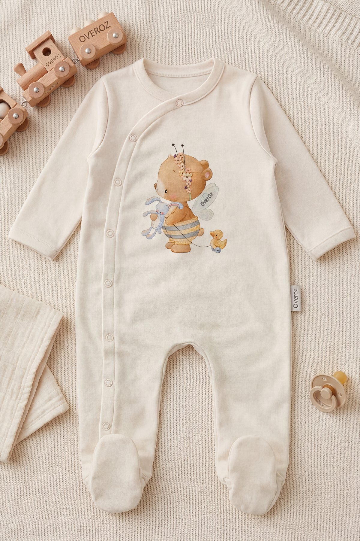 Sevimli Ayıcık Baskılı Patikli Bebek Tulumu