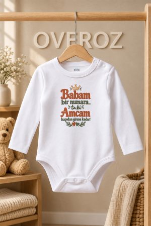 Baba Amca Yazılı Bebek Zıbın Uzun Kollu Beyaz Pamuklu Çıtçıtlı Body Taç 6036
