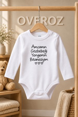 Amca Yenge Yazılı Bebek Zıbın Uzun Kollu Beyaz Pamuklu Çıtçıtlı Body Kalp 6038