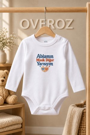 Abla Yazılı Bebek Zıbın Uzun Kollu Beyaz Pamuklu Çıtçıtlı Body Kalp 6057
