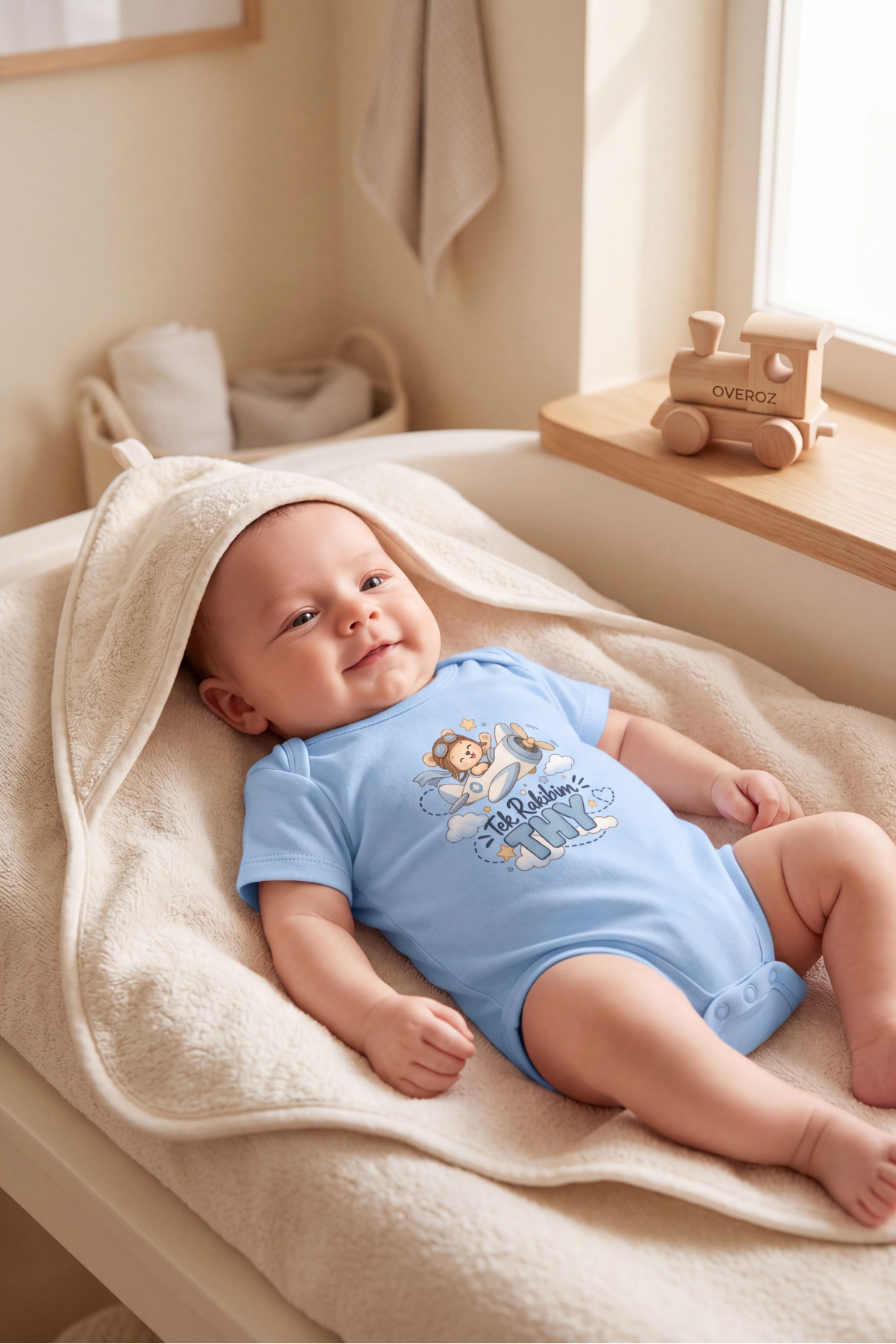 Tek Rakibim THY Uçak Baskılı Mavi Kısa Kollu Bebek Body Zıbın 5990