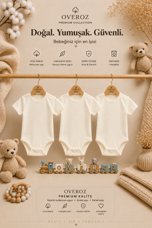 3'lü Ekru Kısa Kollu Bebek Body Zıbın Kız Erkek Bebek Çıtçıtlı Badi Tulum Üçlü Body Set