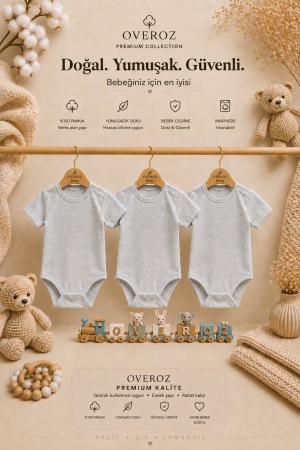 3'lü Melanj Gri Kısa Kollu Bebek Body Zıbın Kız Erkek Bebek Çıtçıtlı Badi Tulum Üçlü Body Set