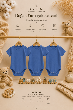 3'lü Lacivert Kısa Kollu Bebek Body Zıbın Kız Bebek Çıtçıtlı Badi Tulum Üçlü Body Set
