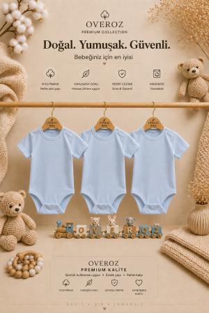 3'lü Mavi Kısa Kollu Bebek Body Zıbın Kız Erkek Bebek Çıtçıtlı Badi Tulum Üçlü Body Set
