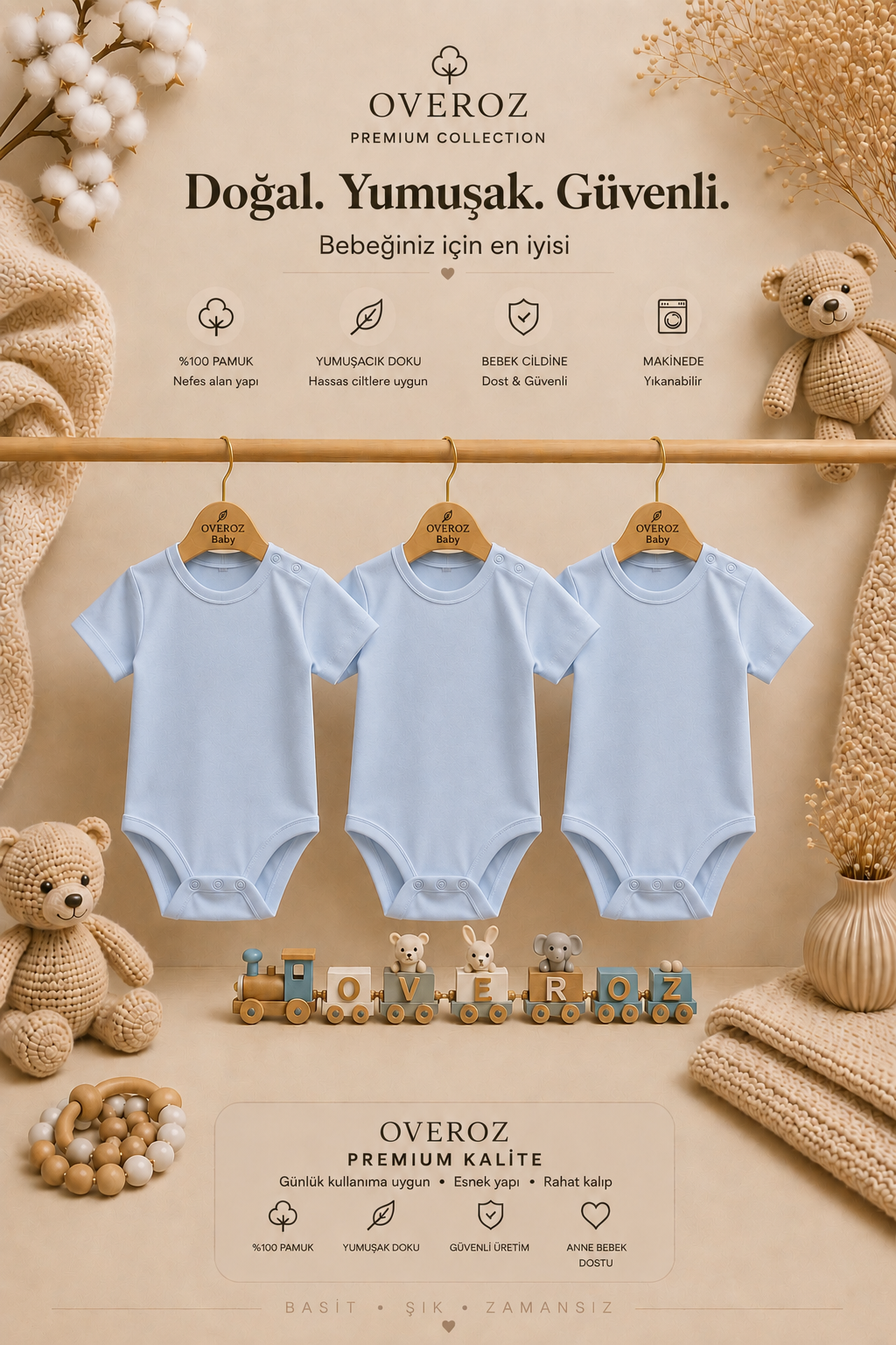 3'lü Mavi Kısa Kollu Bebek Body Zıbın Kız Erkek Bebek Çıtçıtlı Badi Tulum Üçlü Body Set