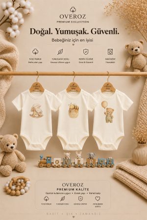 3'lü Kuzu Arı Ayıcık Baskılı Ekru Kısa Kollu Bebek Body Zıbın Kız Erkek Bebek Çıtçıtlı Badi Tulum Üçlü Body Set 5968-5969-5970