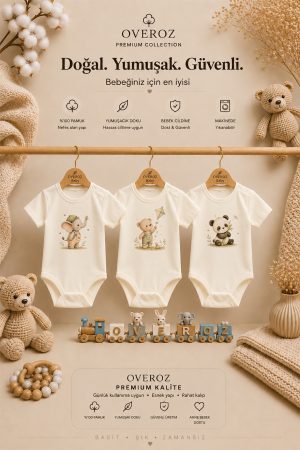 3'lü Fil Panda Ayıcık Baskılı Ekru Kısa Kollu Bebek Body Zıbın Kız Erkek Bebek Çıtçıtlı Badi Tulum Üçlü Body Set 5971-5972-5973