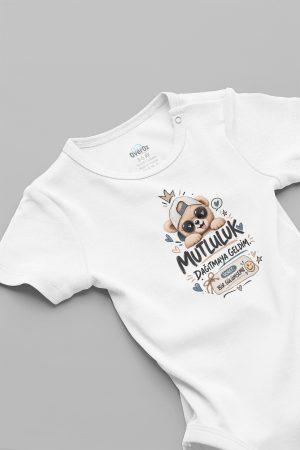 Mutluluk Dağıtmaya Geldim Ayıcık Baskılı Bebek Zıbın Erkek Kız Bebek Body Çıtçıtlı Beyaz Kısa Kollu Badi Tulum Bebek Hediyelik 5986