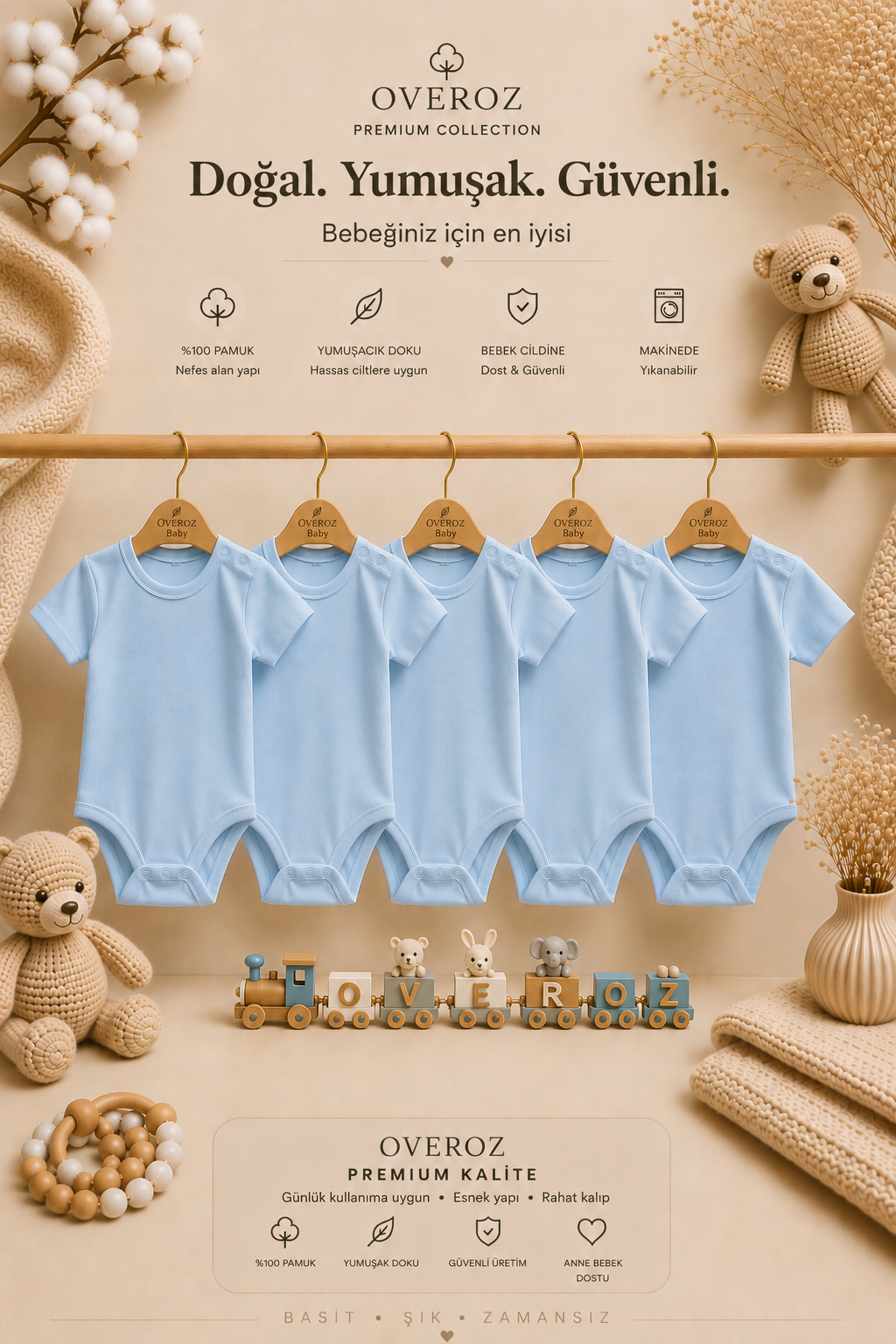 5'li Mavi Kısa Kollu Bebek Body Zıbın Kız Erkek Bebek Çıtçıtlı Badi Tulum Beşli Body Set