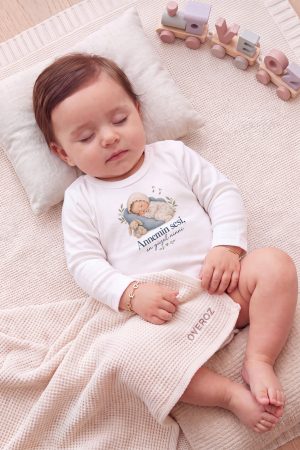 Uzun Kollu Beyaz Bebek Zıbın Annemin Sesi En Güzel Ninni Yazılı Pamuklu Çıtçıtlı Body 6010