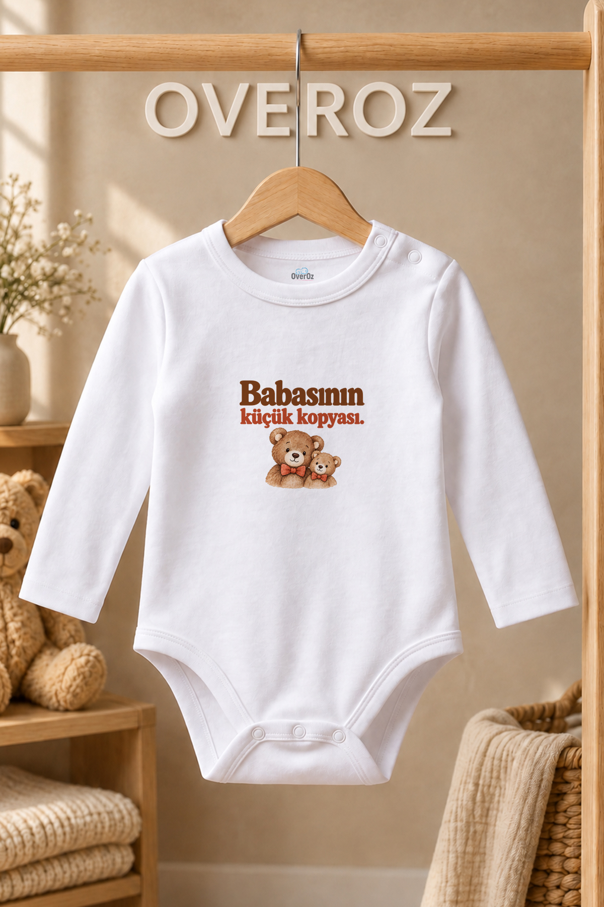 Baba Yazılı Bebek Zıbın Ayıcık Baskılı Beyaz Uzun Kollu Çıtçıtlı Body 6064