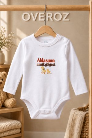 Abla Yazılı Bebek Zıbın Ördek Baskılı Beyaz Uzun Kollu Çıtçıtlı Body 6072