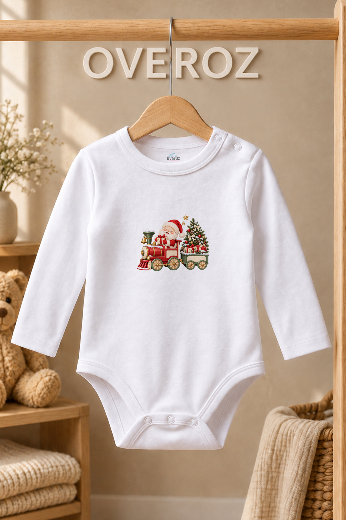 Yılbaşı Bebek Zıbın Noel Baba Tren Baskılı Beyaz Uzun Kollu Çıtçıtlı Body 6076