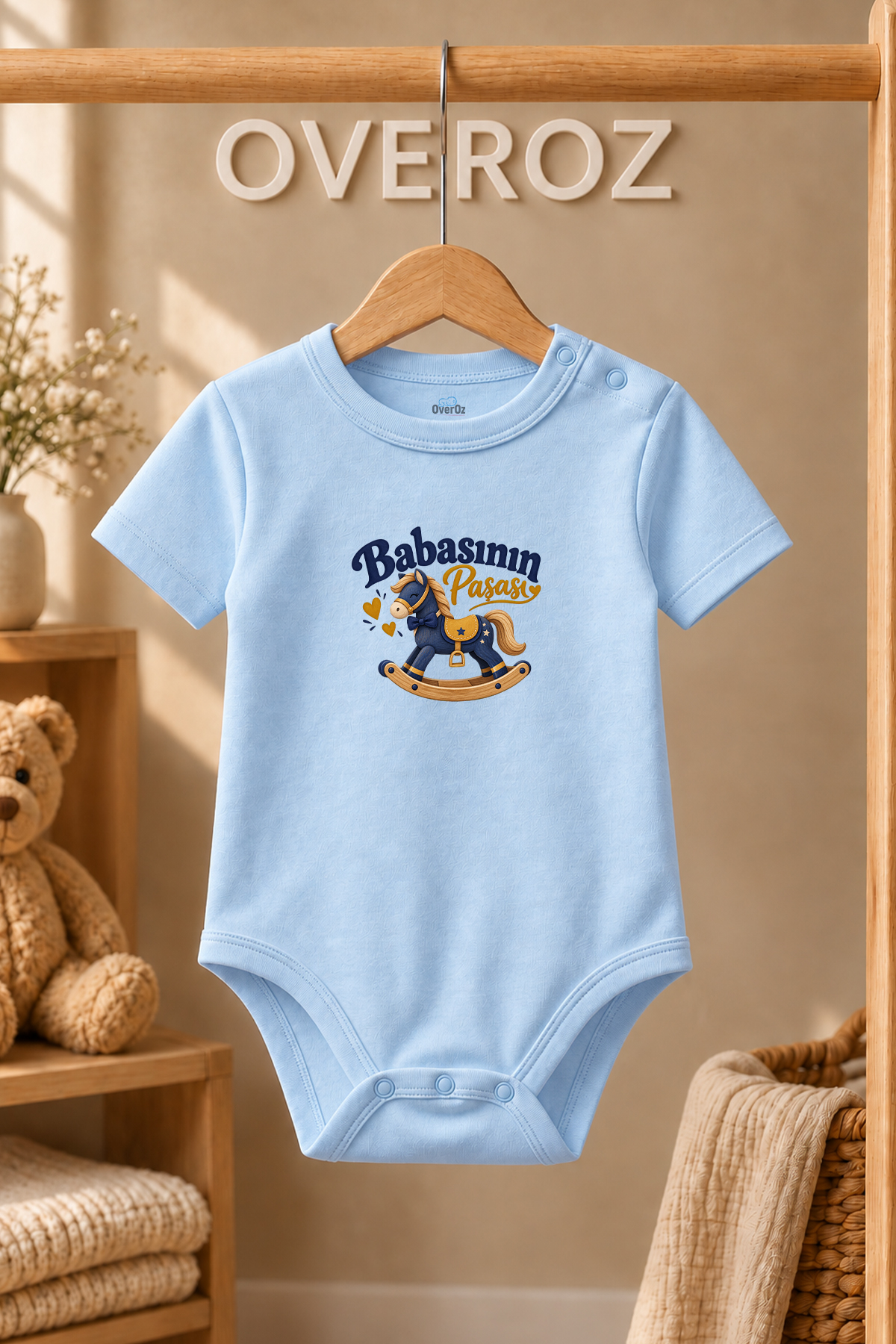 Baba Yazılı Bebek Zıbın Sallanan At Baskılı Mavi Kısa Kollu Çıtçıtlı Body 6095