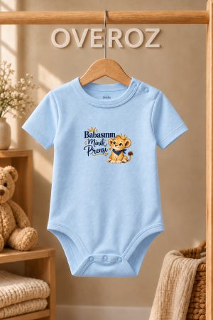 Baba Yazılı Bebek Zıbın Taçlı Aslan Baskılı Mavi Kısa Kollu Çıtçıtlı Body 6096