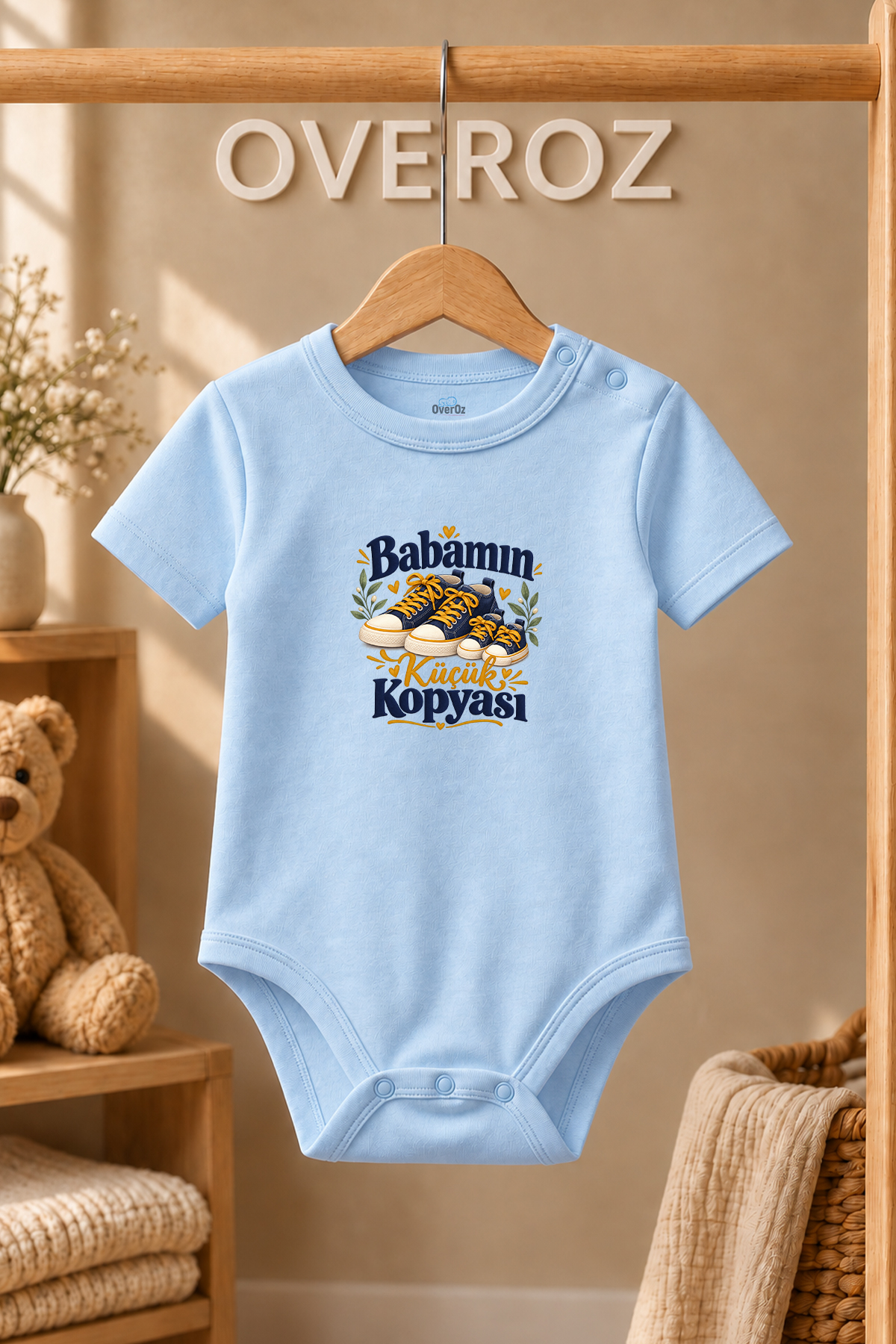 Baba Yazılı Bebek Zıbın Ayakkabı Baskılı Mavi Kısa Kollu Çıtçıtlı Body 6097